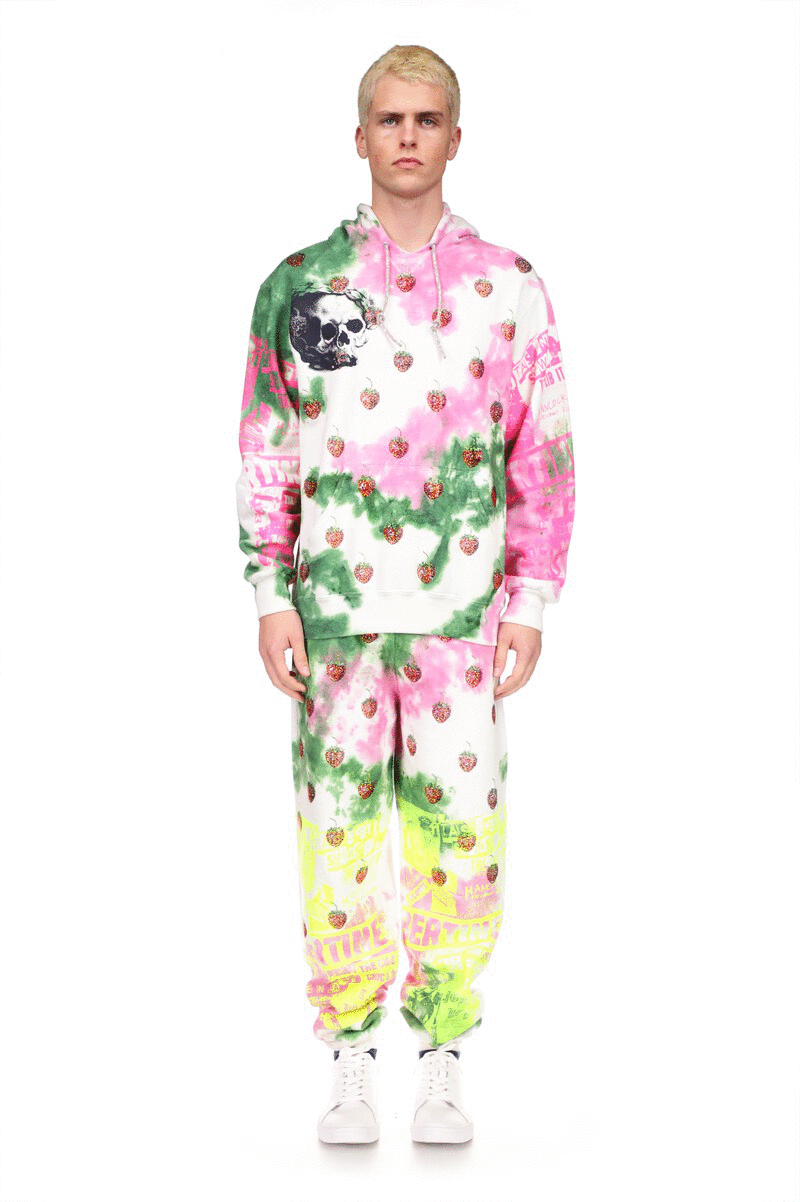 'EMBELLISHED STRAWBERRY FIELDS' TIE DYE SWEATPANT - SWEATPANTS - Libertine|https://cdn.shopify.com/videos/c/o/v/aac1093c74654f4f8791201af143bd32.mp4